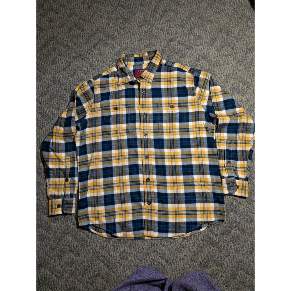 Orvis Mens Classic Fit Plaid Flannel Shirt Yellow Blue Cotton 3C1J Size L